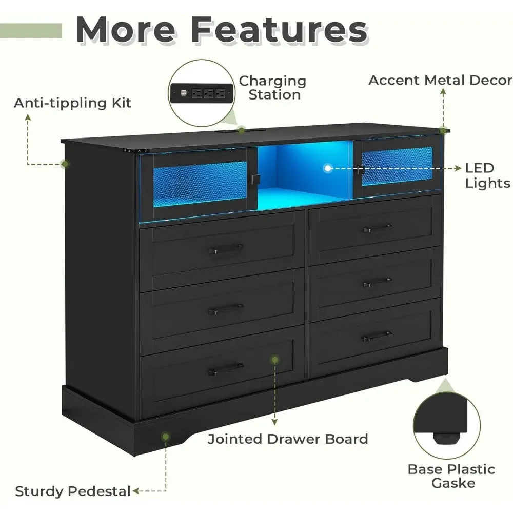 6 Drawers Dresser with LED Lights and Charging Station, Farmhouse Chest of Drawers Closet Organizer, Clothes Storage Cabi