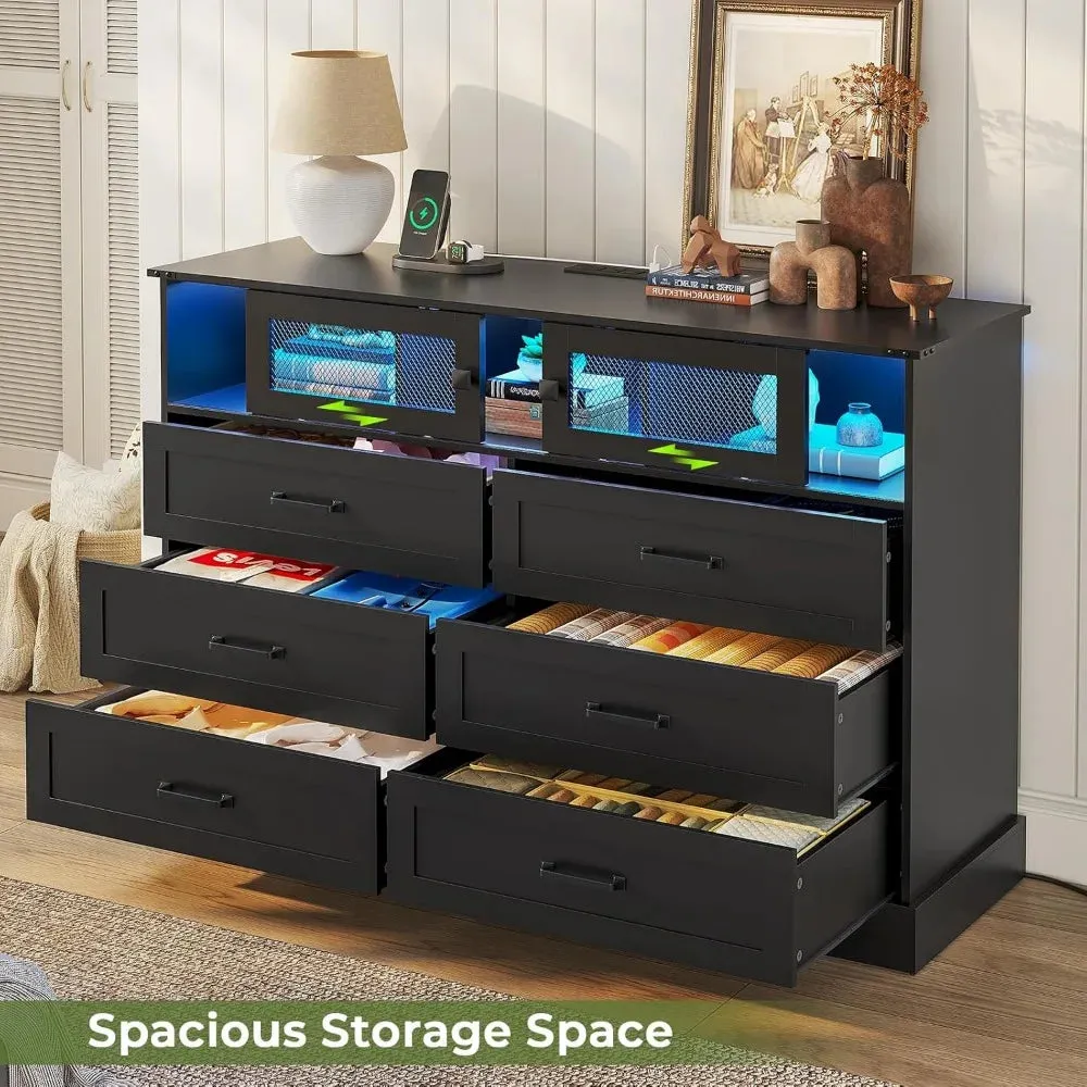 6 Drawers Dresser with LED Lights and Charging Station, Farmhouse Chest of Drawers Closet Organizer, Clothes Storage Cabi