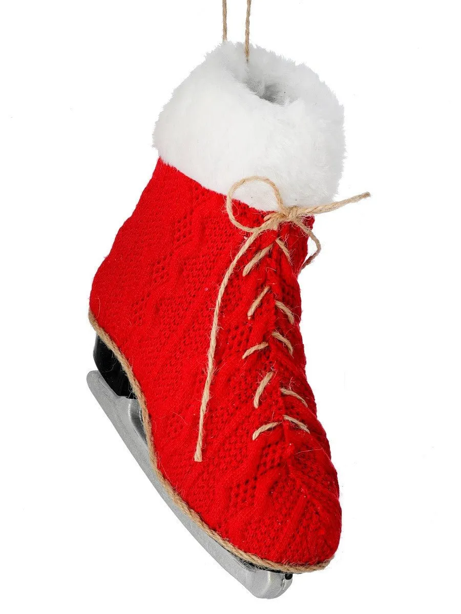 7" Red Knit Ice Skate Ornament w/ Fur