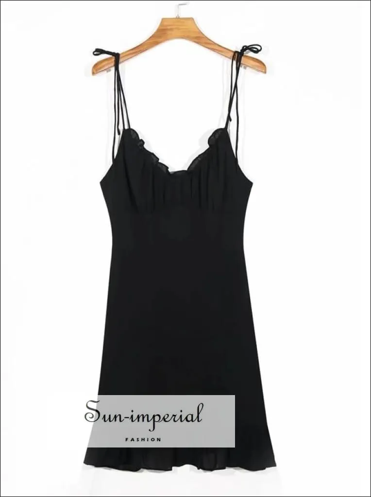 Black Adjustable Tie Straps Mini Dress with Ruffle Edge Decor