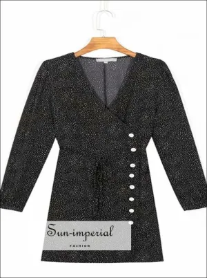 Black Dot Print Vintage Wrap Long Sleeve Buttoned Dress