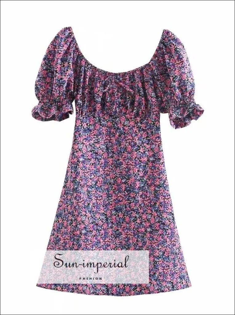 Black Floral Mini Dress a Line Ruched Square Neck Frill Sleeve with Bowknot front