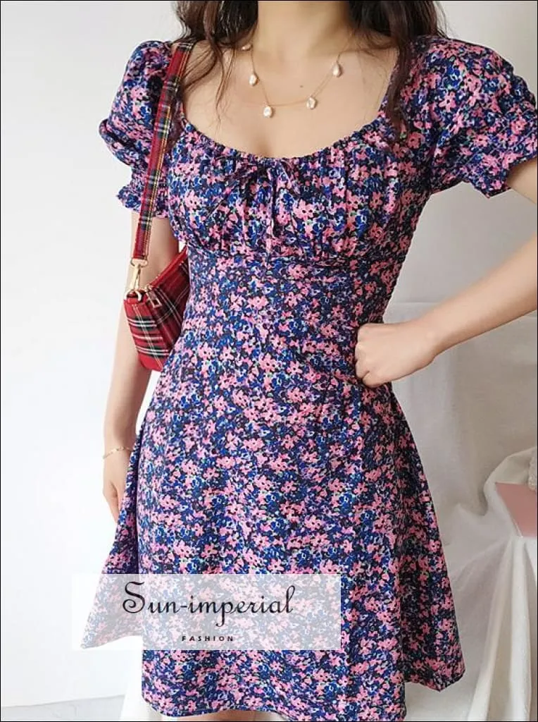 Black Floral Mini Dress a Line Ruched Square Neck Frill Sleeve with Bowknot front