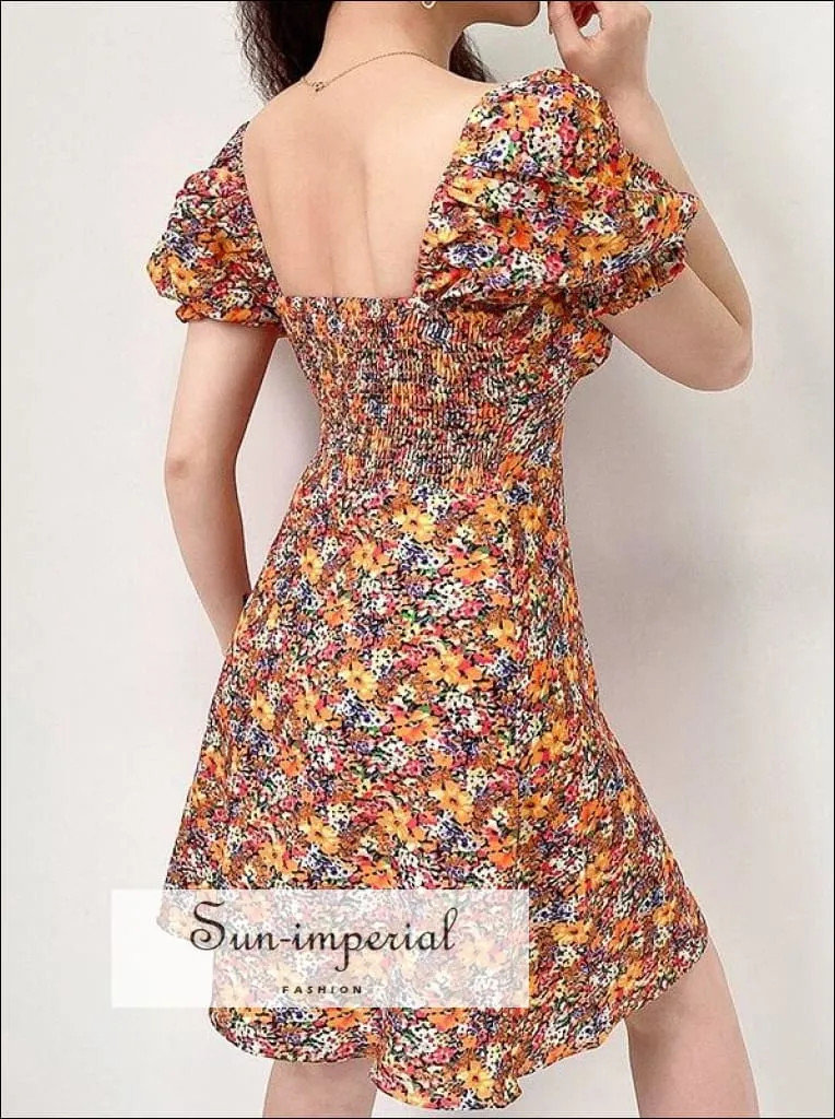 Black Floral Mini Dress a Line Ruched Square Neck Frill Sleeve with Bowknot front