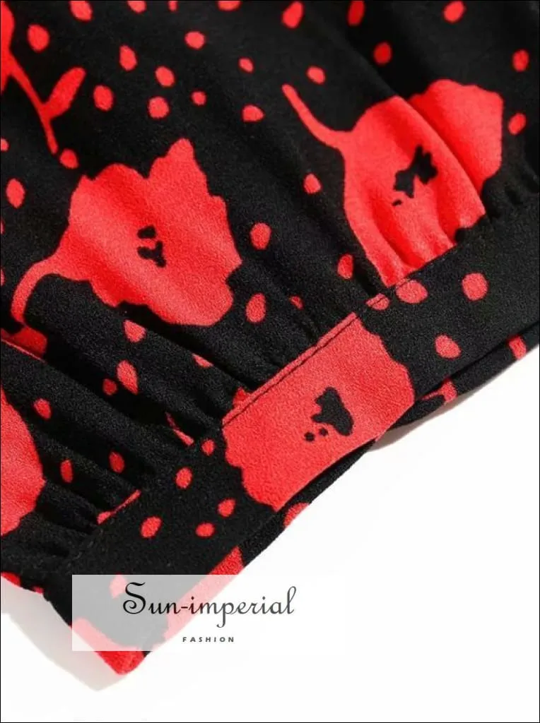 Black with Red Floral Print Vintage Short Sleeve Women Wrap Tie side Blouse