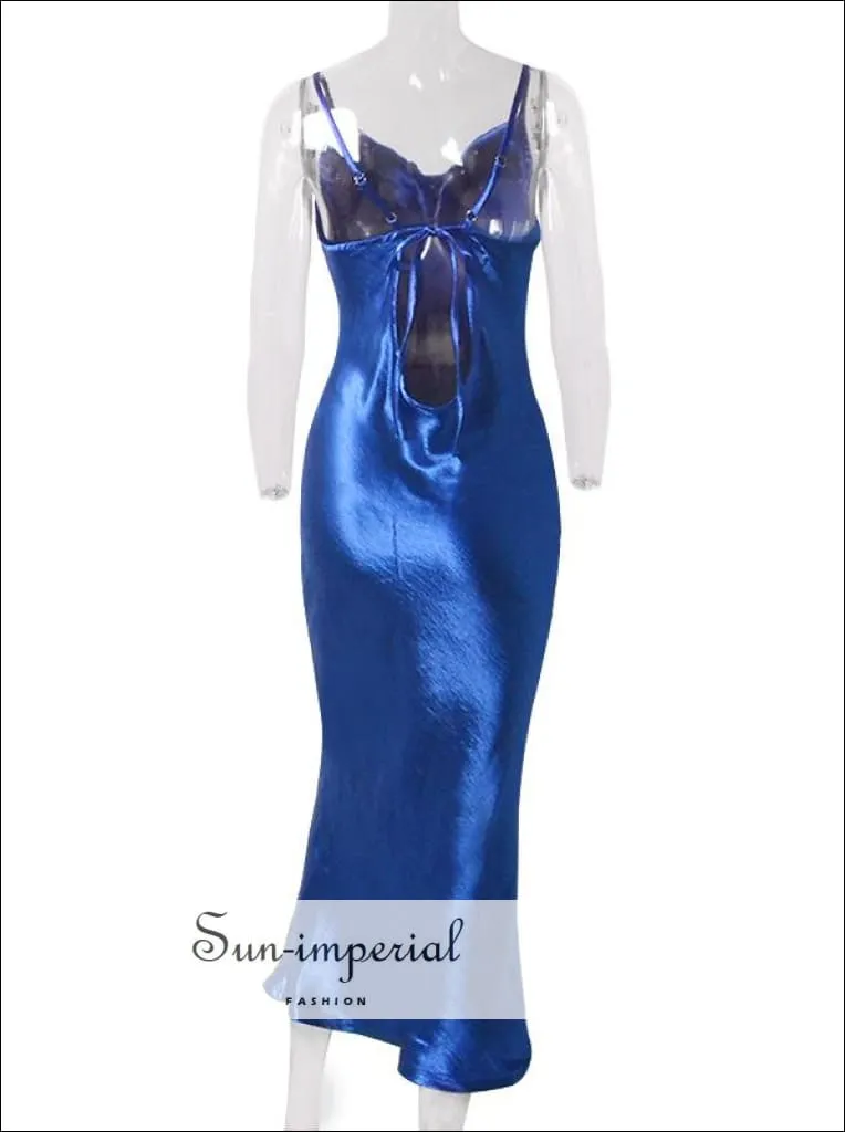 Blue Maxi Satin Dress Slim Backless Cowl Neck Cami Straps Cocktail Party Dress