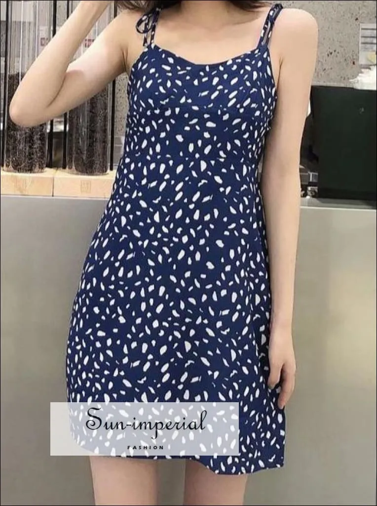 Blue Mini Dress Cami Strap Ink Print Slim Dress