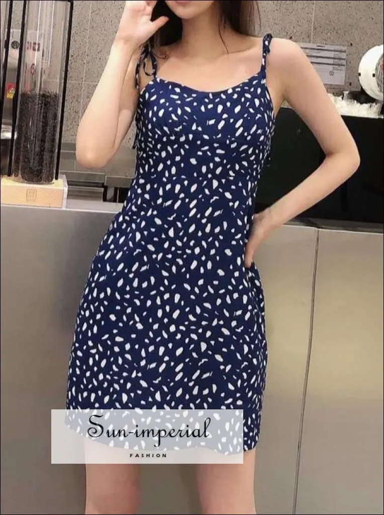 Blue Mini Dress Cami Strap Ink Print Slim Dress