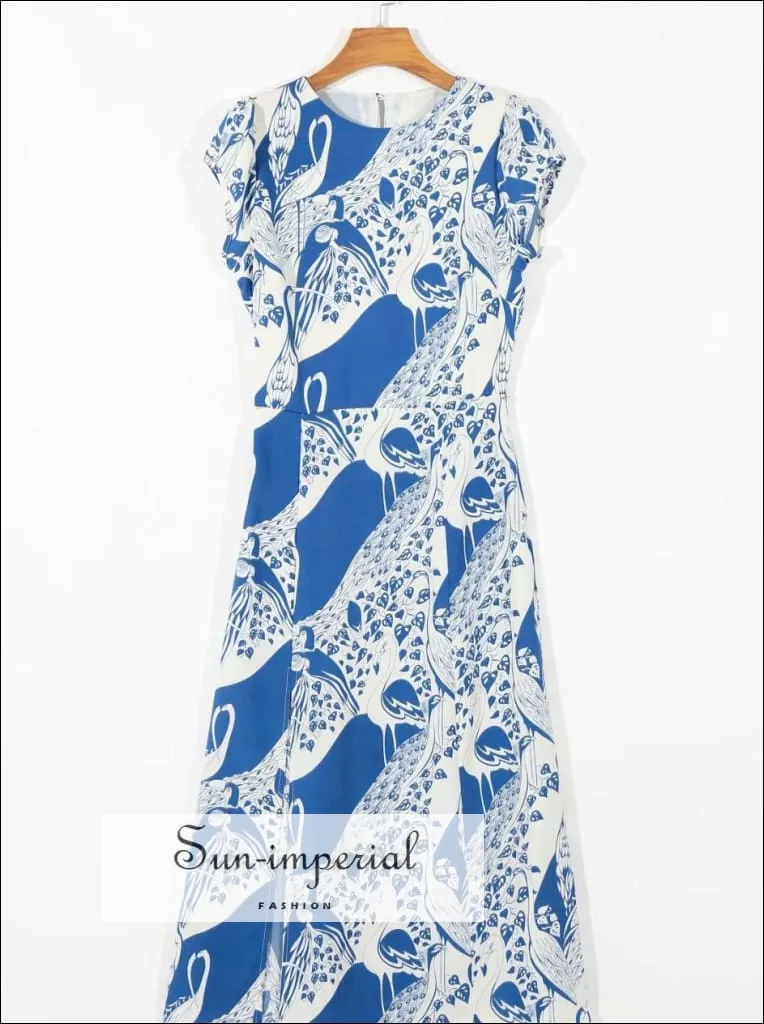 Blue Vintage Sleeveless Floral Print Midi Dress Split front Backless White Summer Dress