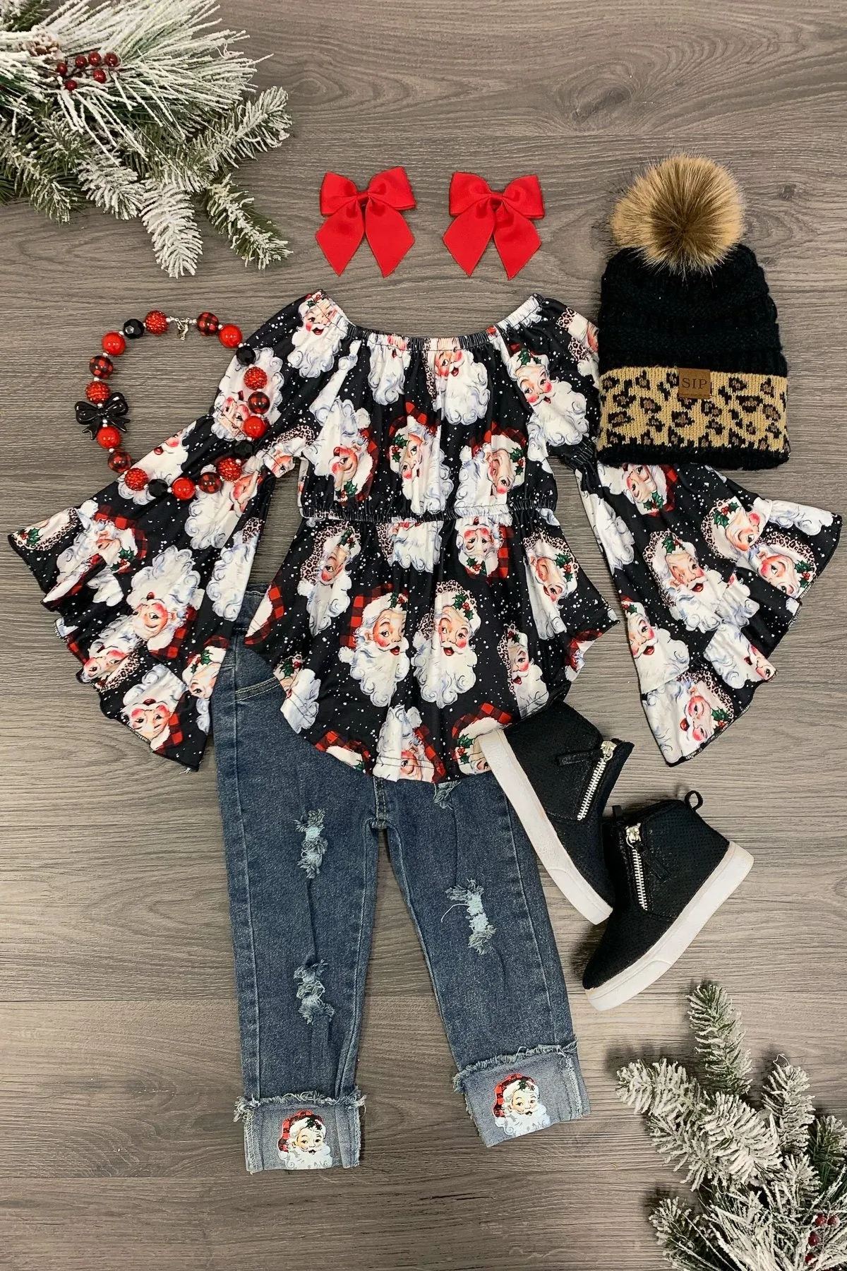 Cheetah Santa Hat Denim Set