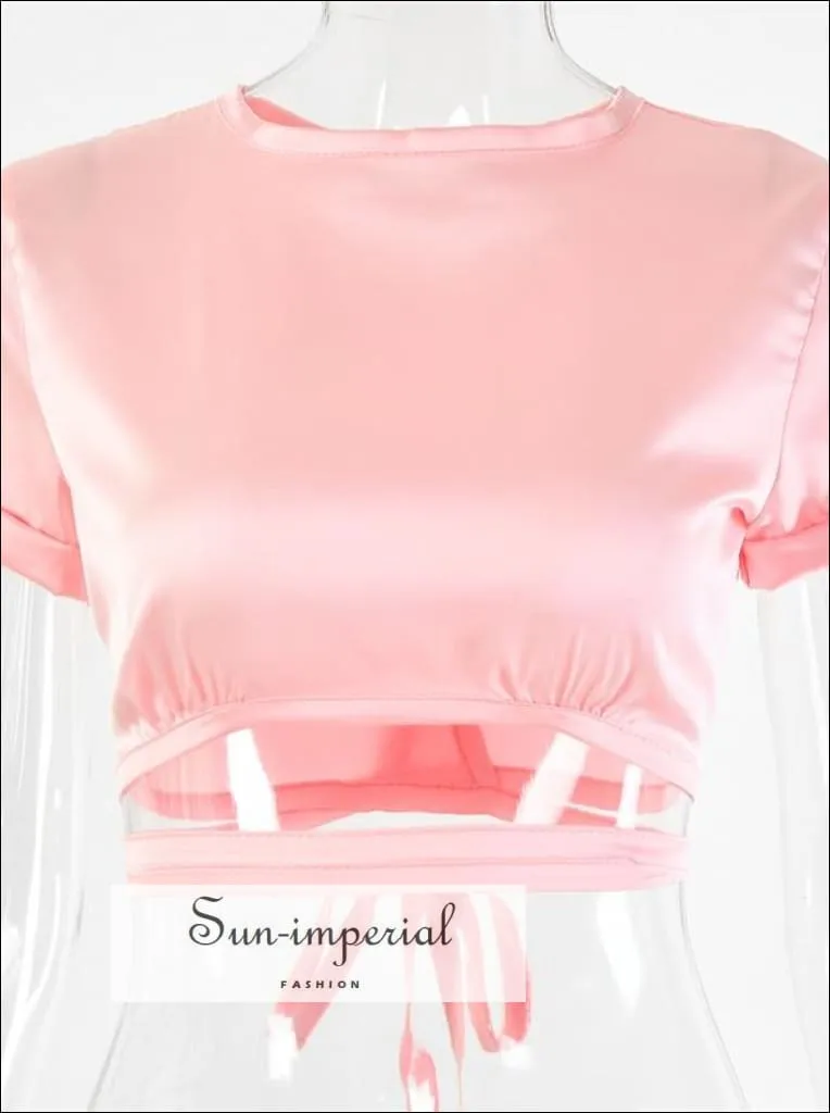 Chelsea top - Pink Satin Crop top Short Sleeve O Neck Tie back Blouse