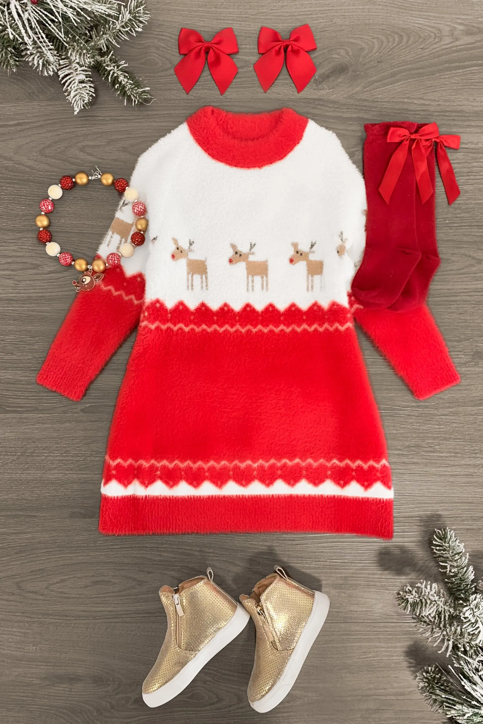 Cozy Red & White Reindeer Sweater Dress