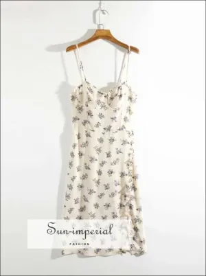 Cream Vintage side Ruffles Split Midi Dress with Cami Strap and Purple Floral Print