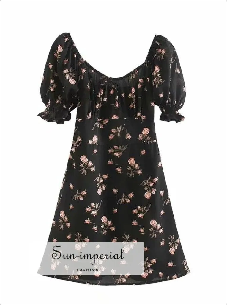 daisy print, florl print, flower printBlack Daisy Floral Mini Dress a Line Ruched Square Neck Frill Sleeve with Bowknot front