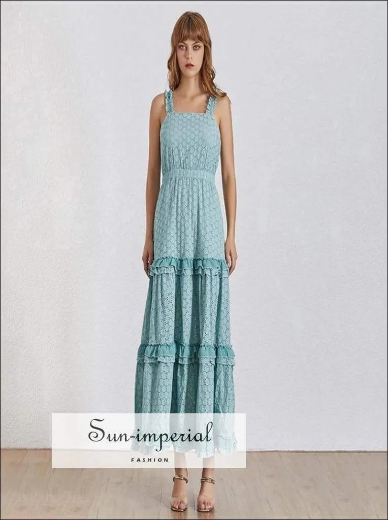 Fano Dress- Vintage Solid Sleeveless Lace Ruffle Cami Strap Maxi Dress L