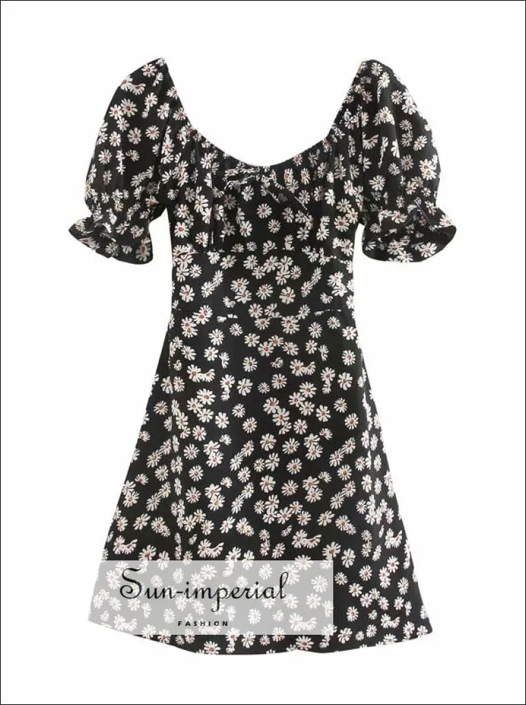 Green Floral Mini Dress a Line Ruched Square Neck Frill Sleeve with Bowknot front