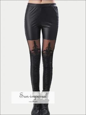 High Quality Wholesale Punk Black Faux Leather Gothic Lace Legging Women Lace up Leggings