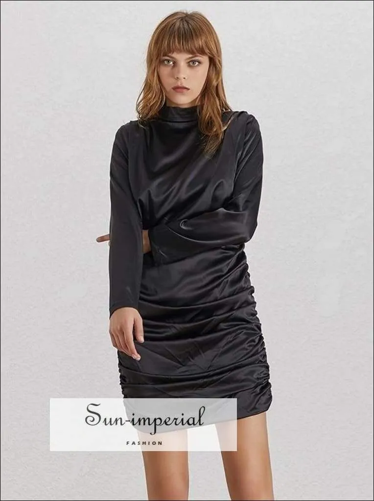 Jayleen Dress- Summer Solid Ruched Mini Dress for Women Turtle Neck Collar Long Sleeve High Waist