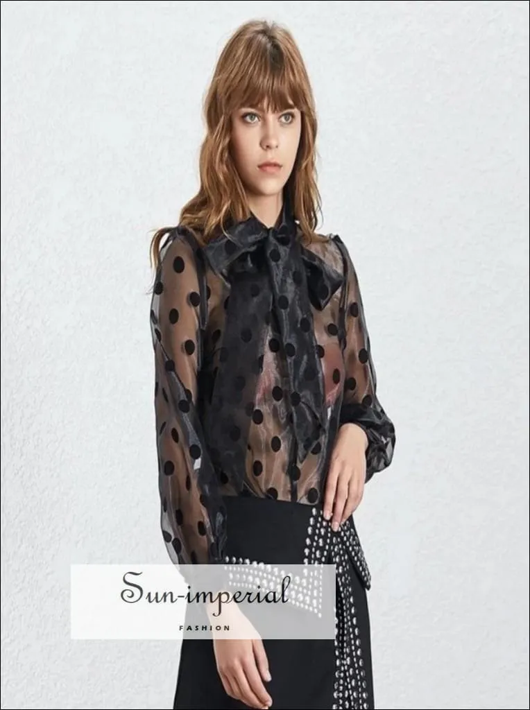 Katia top - Vintage Sheer Casual Polka Dot Women Blouse Bow Collar Lantern Sleeve Loose Shirt