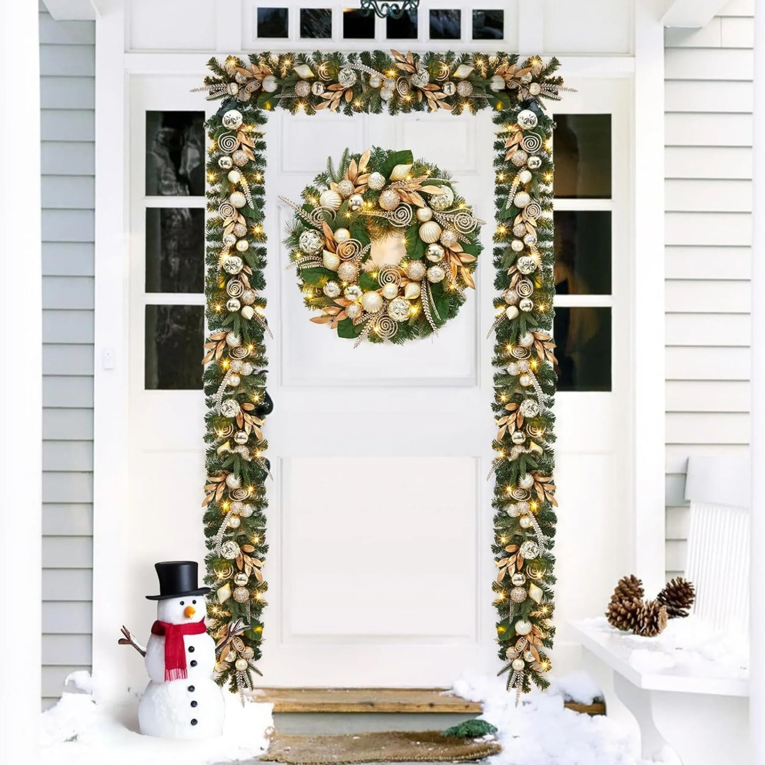 kkboxly 24 Inch Christmas Wreath with Lights for Front Door, Pre-Lit Large Christmas Wreath with 20 Lights, Artificial Xmas Wreath with Gold Leaves, Balls and Ornaments for Fireplace, Outdoor, Window