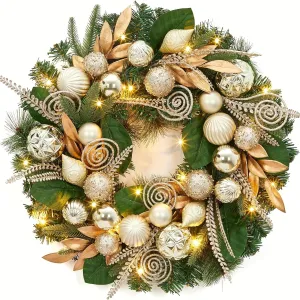 kkboxly 24 Inch Christmas Wreath with Lights for Front Door, Pre-Lit Large Christmas Wreath with 20 Lights, Artificial Xmas Wreath with Gold Leaves, Balls and Ornaments for Fireplace, Outdoor, Window