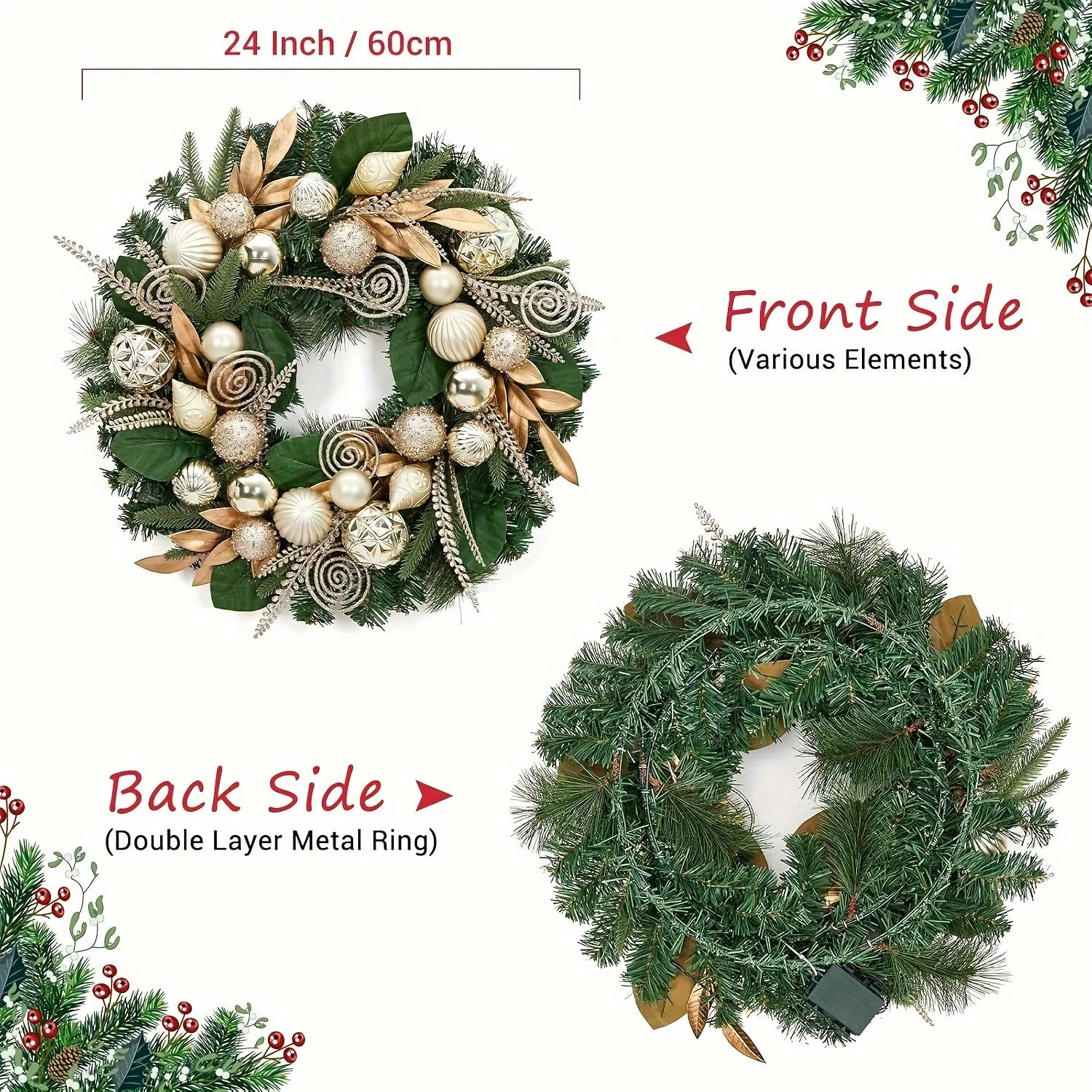 kkboxly 24 Inch Christmas Wreath with Lights for Front Door, Pre-Lit Large Christmas Wreath with 20 Lights, Artificial Xmas Wreath with Gold Leaves, Balls and Ornaments for Fireplace, Outdoor, Window