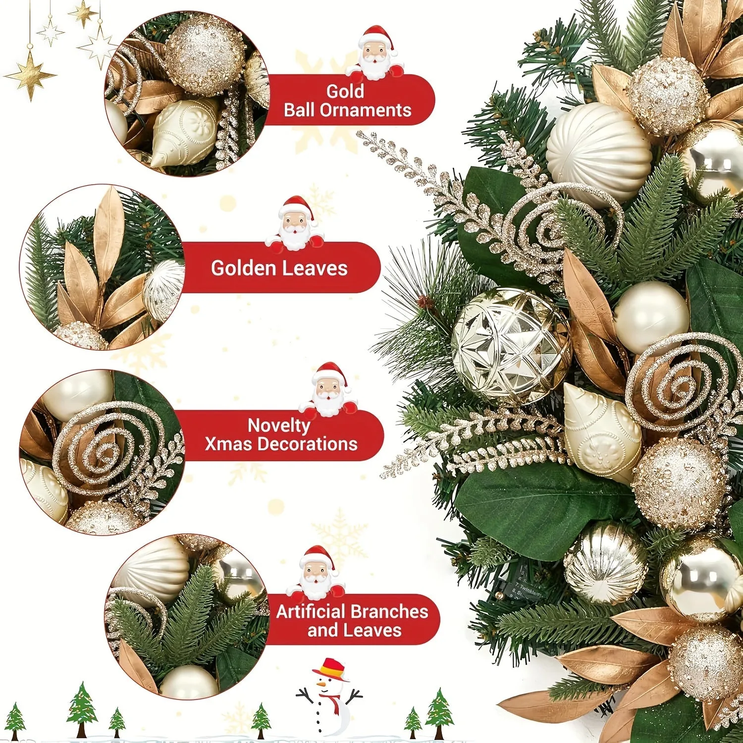 kkboxly 24 Inch Christmas Wreath with Lights for Front Door, Pre-Lit Large Christmas Wreath with 20 Lights, Artificial Xmas Wreath with Gold Leaves, Balls and Ornaments for Fireplace, Outdoor, Window