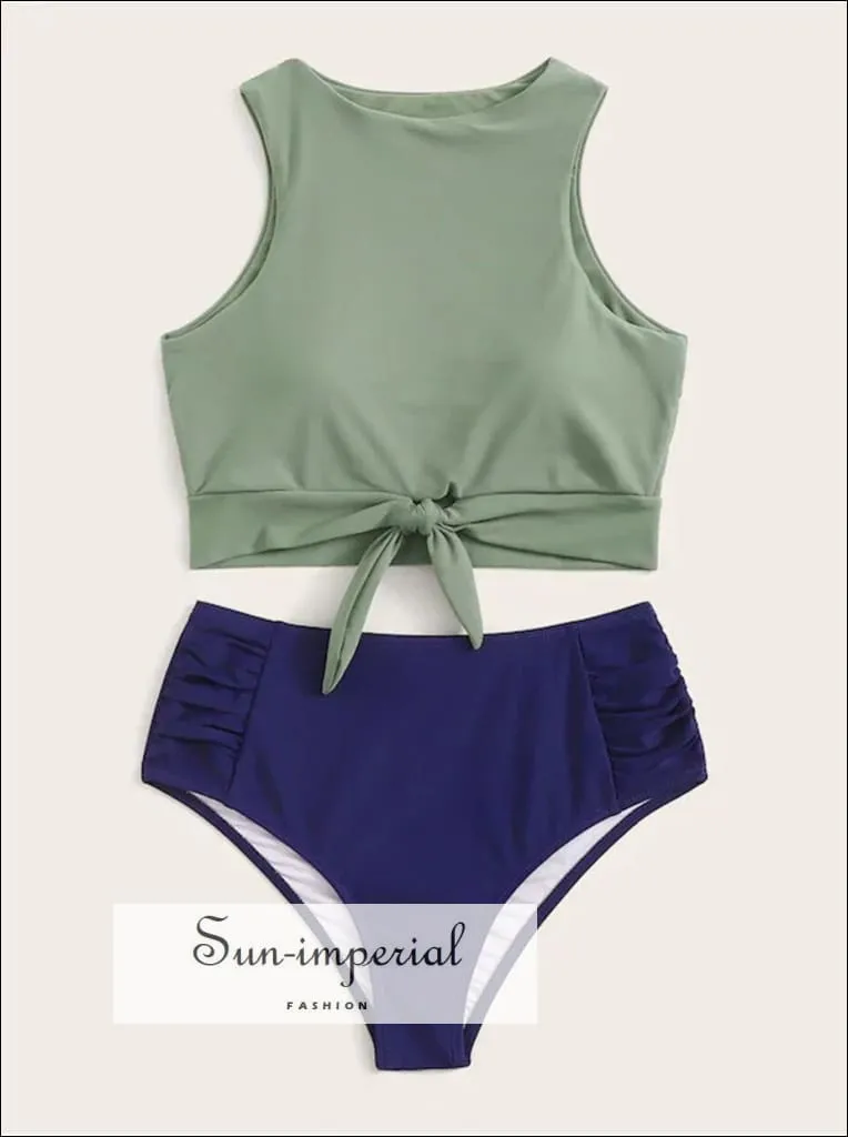 Knot front top with Dot High Waist Bikini Set - Green top Striped bottom