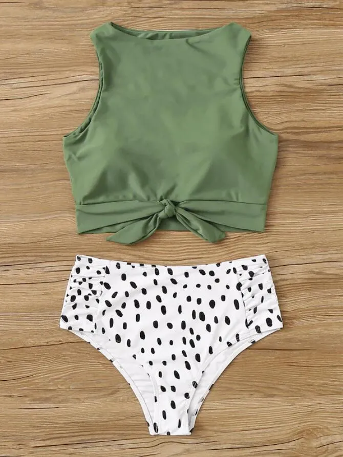 Knot front top with Dot High Waist Bikini Set - Green top Striped bottom