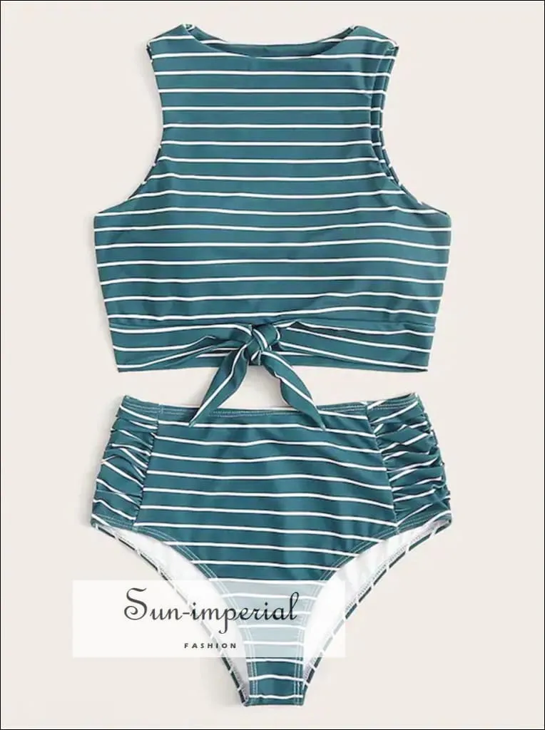 Knot front top with Dot High Waist Bikini Set - Green top Striped bottom