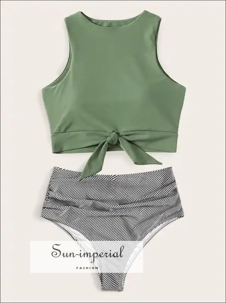 Knot front top with Dot High Waist Bikini Set - Green top Striped bottom