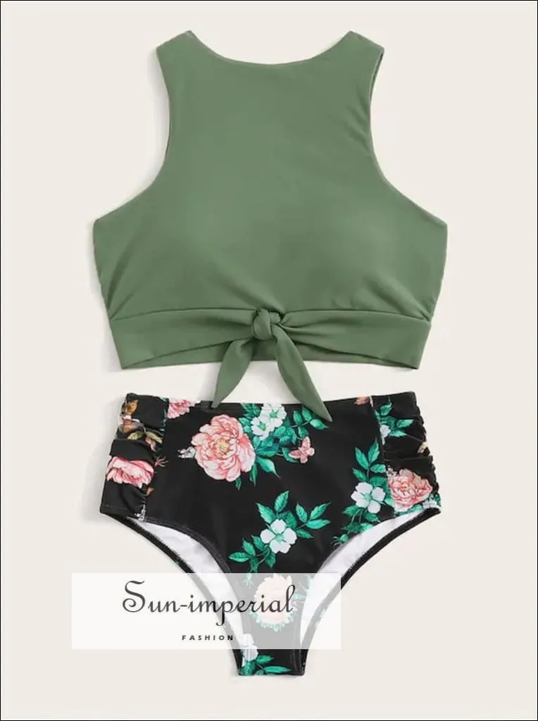 Knot front top with Dot High Waist Bikini Set - Green top Striped bottom