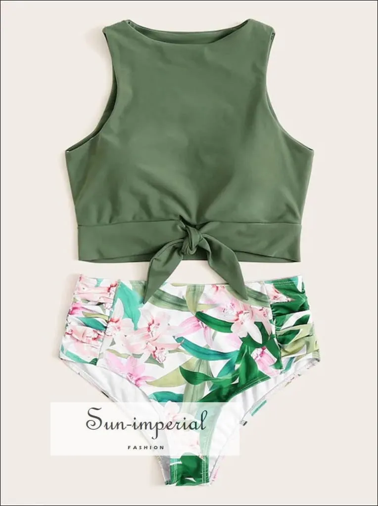 Knot front top with Dot High Waist Bikini Set - Green top Striped bottom