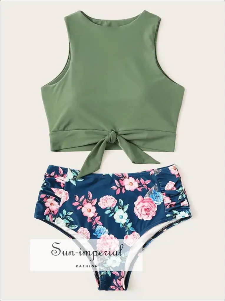 Knot front top with Dot High Waist Bikini Set - Green top Striped bottom