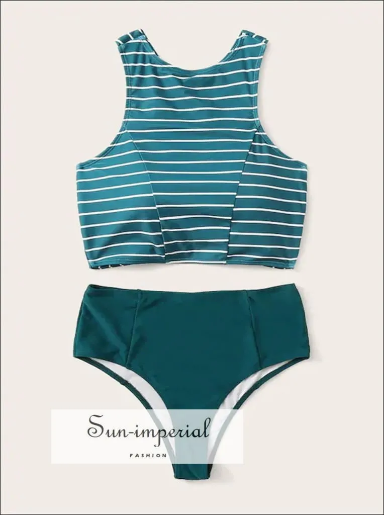 Knot front top with Dot High Waist Bikini Set - Green top Striped bottom