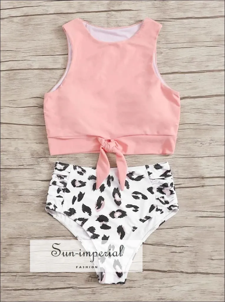 Knot front top with Dot High Waist Bikini Set - Pink top White Leopard bottom