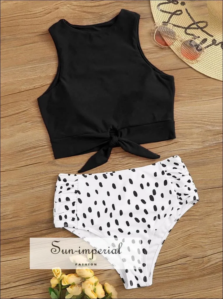 Knot front top with Dot High Waist Bikini Set - Pink top White Leopard bottom