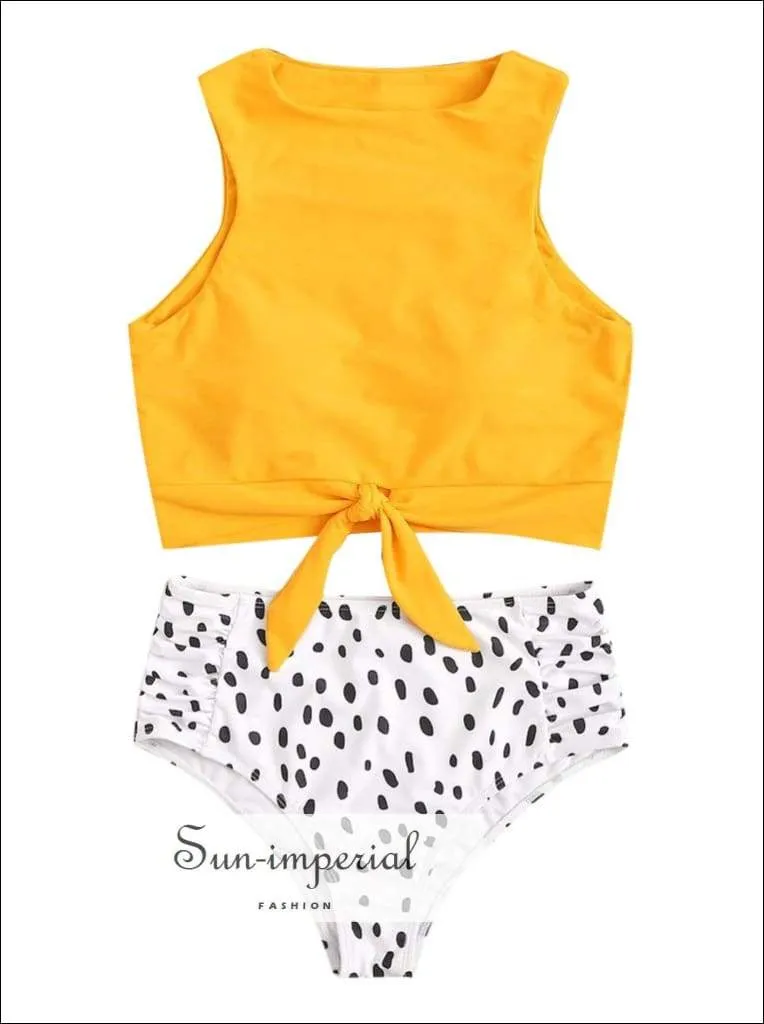 Knot front top with Dot High Waist Bikini Set - Yellow