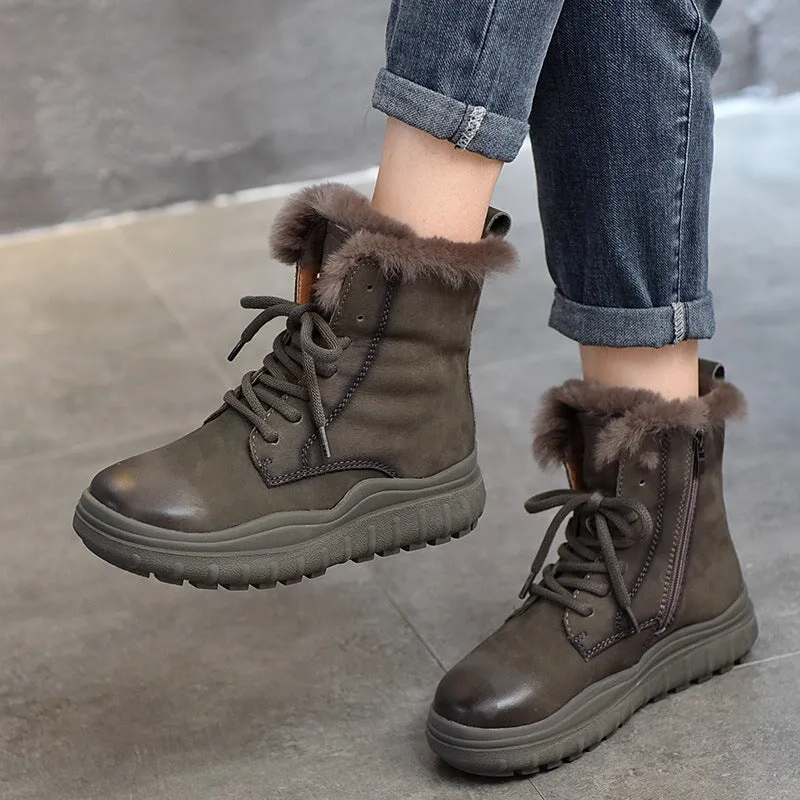 Lace Up Winter Boots Warm Short Plush Lined Platform Ankle Boots in Gray/Coffee