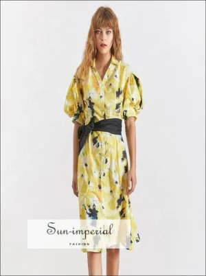 Liliana Dress- Summer Elegant Print Dress for Women Lapel Half Puff Sleeve High Wasit Bandage