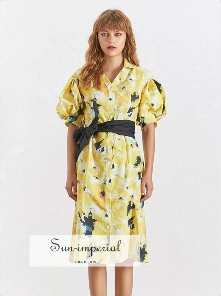 Liliana Dress- Summer Elegant Print Dress for Women Lapel Half Puff Sleeve High Wasit Bandage