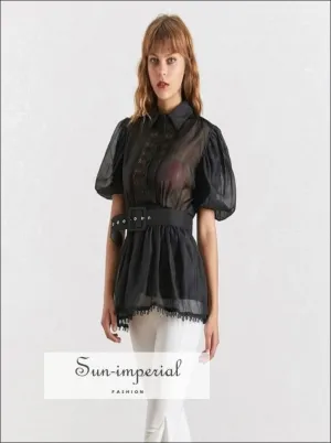 Lisa top - Black and White Elegant Sheer Belted Women Blouse Lapel Collar Short Puff Sleeve Chiffon