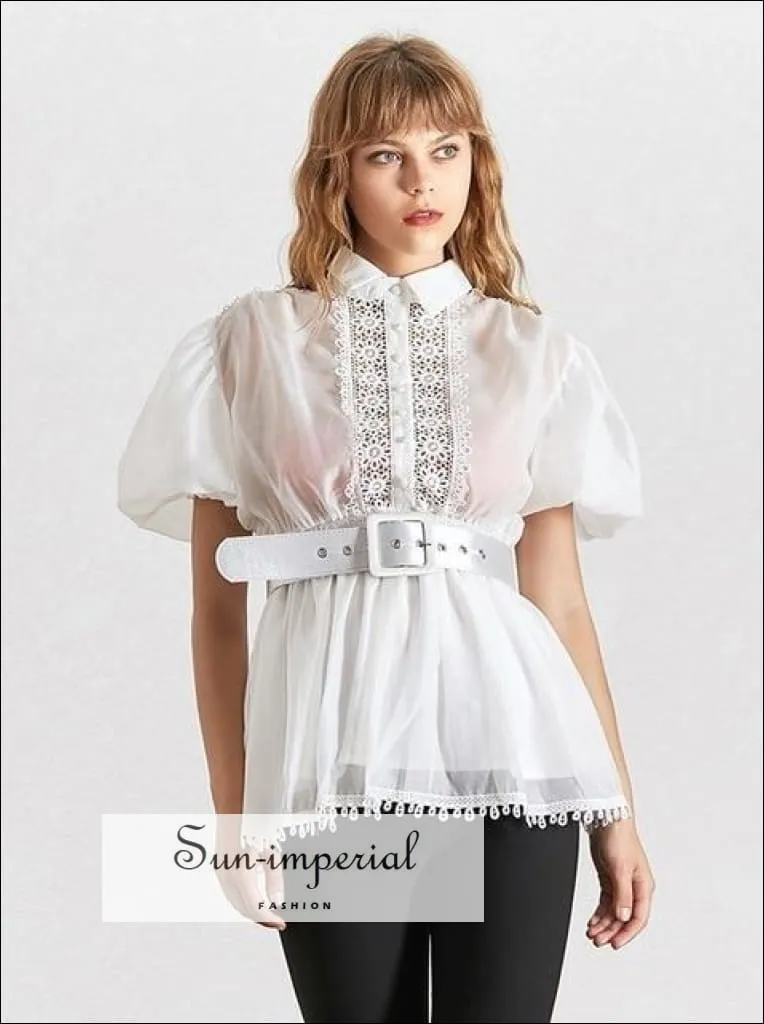 Lisa top - Black and White Elegant Sheer Belted Women Blouse Lapel Collar Short Puff Sleeve Chiffon