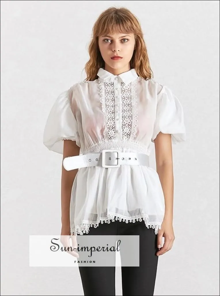 Lisa top - Black and White Elegant Sheer Belted Women Blouse Lapel Collar Short Puff Sleeve Chiffon