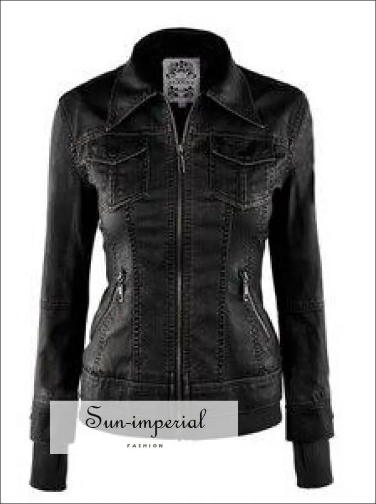 Long Sleeve Faux Leather Two-piece Women's Leather Jacket Pocket 4 Colors Xs-xl