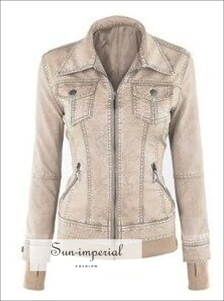 Long Sleeve Faux Leather Two-piece Women's Leather Jacket Pocket 4 Colors Xs-xl