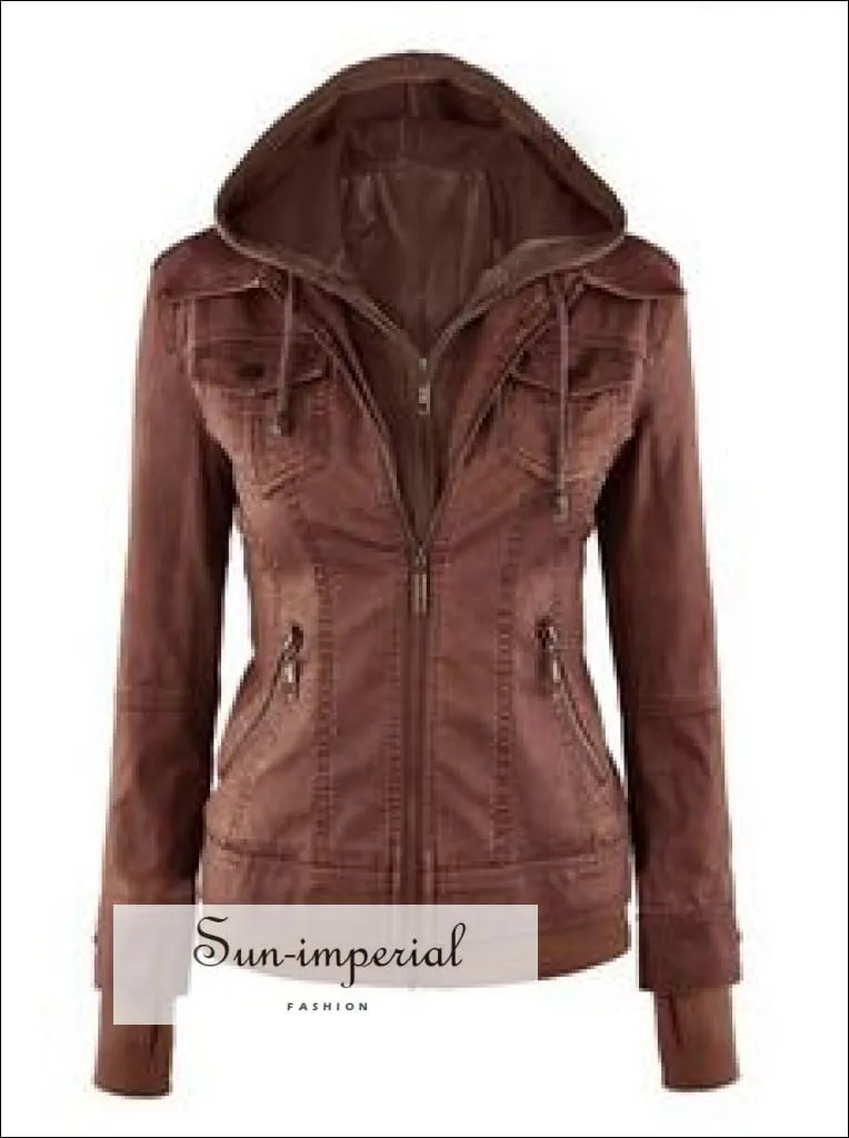 Long Sleeve Faux Leather Two-piece Women's Leather Jacket Pocket 4 Colors Xs-xl