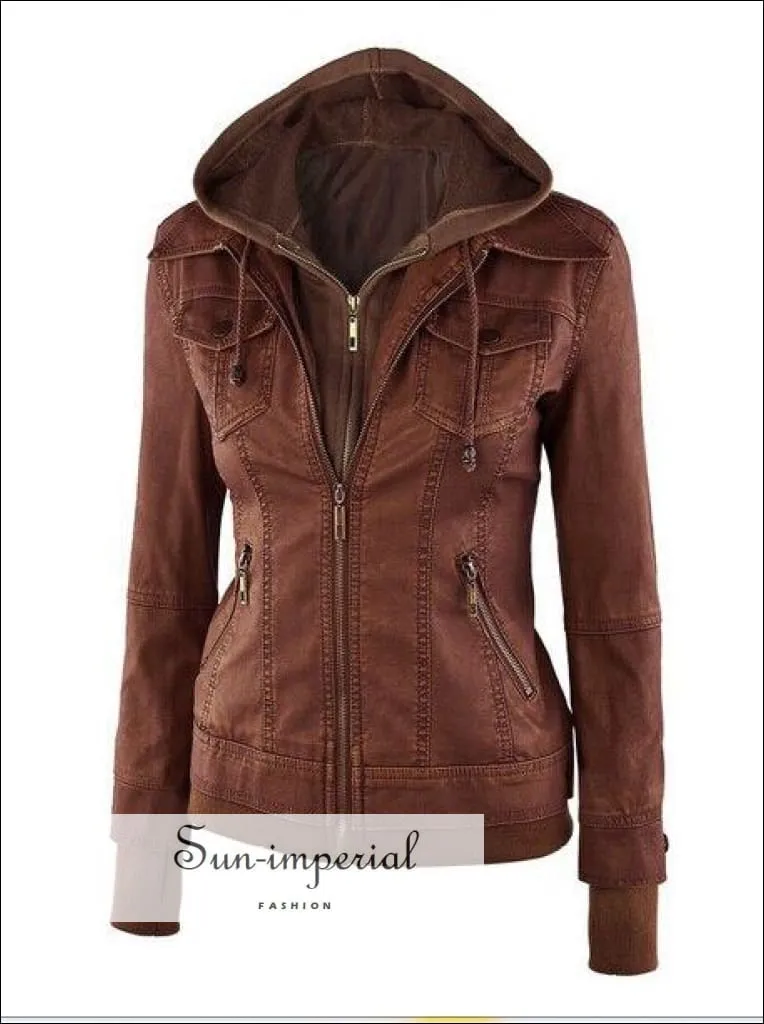 Long Sleeve Faux Leather Two-piece Women's Leather Jacket Pocket 4 Colors Xs-xl