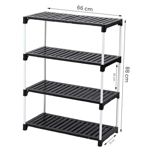 Portable Shoe Rack Organizer - Metal Rod & Plastic Shelves | Adjustable & Space-Saving Stand | Multipurpose Storage for Shoes, Books, Clothes, Kitchen, Bathroom, (4 Steps, Black)