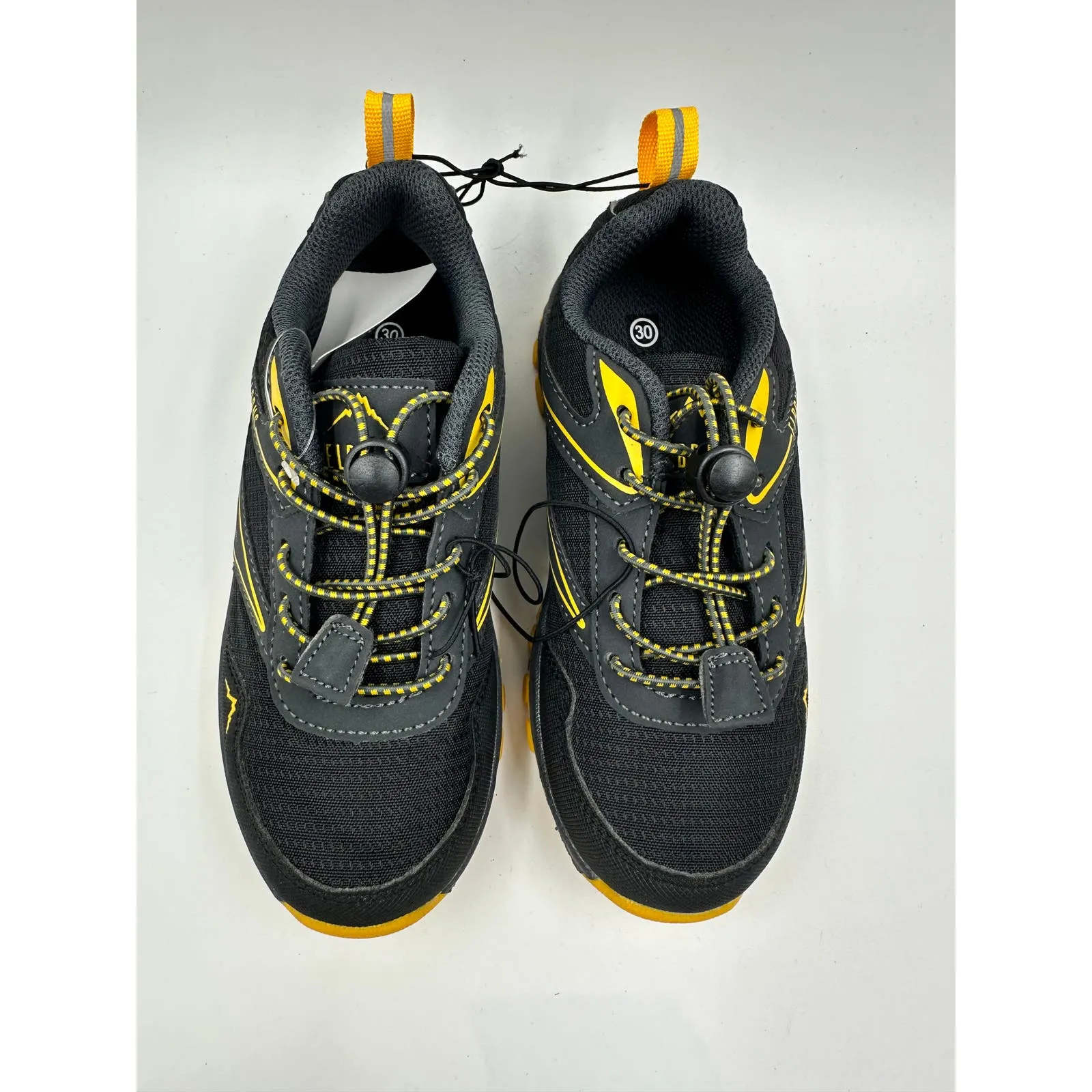 Small Kid Size 13, Black Low Top Hikers with Yellow Accents and Rugged Tread